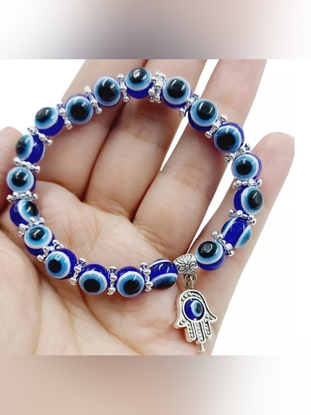 New Evil Eye Hamsa Stretch Bracelet - Blue Beaded Women’s Jewelry - Picture 2 of 3